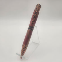 Load image into Gallery viewer, Antique copper Dragon twist pen in red dyed and stabilized curly maple