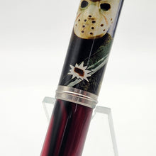Load image into Gallery viewer, Jason Voorhees rollerball pen with embedded cabin wood