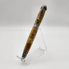 Load image into Gallery viewer, Antique pewter Serpent pen in yellow dyed box elder.
