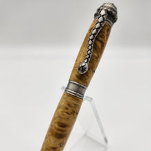 Load image into Gallery viewer, Antique pewter Serpent pen in yellow dyed box elder.
