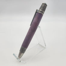 Load image into Gallery viewer, Antique pewter Celtic twist pen in purple dyed and stabilized maple
