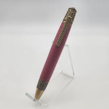 Load image into Gallery viewer, Antique brass Celtic twist pen in red dyed and stabilized maple
