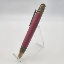 Load image into Gallery viewer, Antique brass Celtic twist pen in red dyed and stabilized maple
