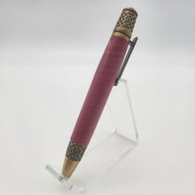 Load image into Gallery viewer, Antique brass Celtic twist pen in red dyed and stabilized maple
