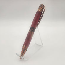 Load image into Gallery viewer, Antique copper Dragon twist pen in red dyed and stabilized curly maple
