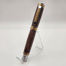 Load image into Gallery viewer, Chrome and gold Pharaoh rollerball in stabilized curly maple
