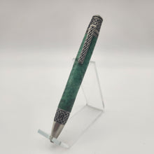 Load image into Gallery viewer, Antique pewter Celtic twist pen in green dyed and stabilized maple.
