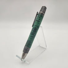 Load image into Gallery viewer, Antique pewter Celtic twist pen in green dyed and stabilized maple.
