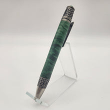 Load image into Gallery viewer, Antique pewter Celtic twist pen in green dyed and stabilized maple.
