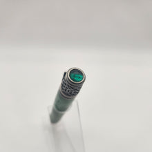 Load image into Gallery viewer, Antique pewter Celtic twist pen in green dyed and stabilized maple.
