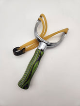 Load image into Gallery viewer, Chrome slingshot in green &amp; black wood laminate
